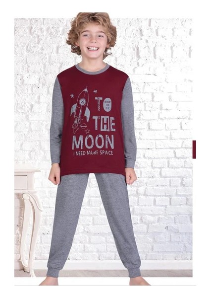 Erkek Çocuk Pijama Takımı 7-8 Yaş Bordo-Gri Uzay