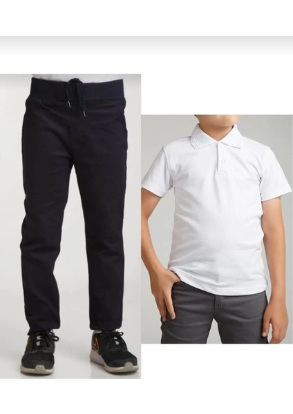 Unisex Çocuk Ribana Bel Siyah Okul Pantolon +Kısa Kol Pamuk Polo Yaka T-Shırt