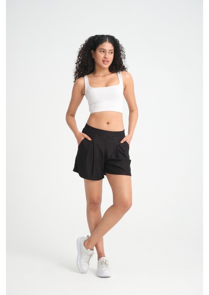 Kadın Beli Lastikli Cepli Pileli Kısa Rahat Kesim Krep Şort fiyatları