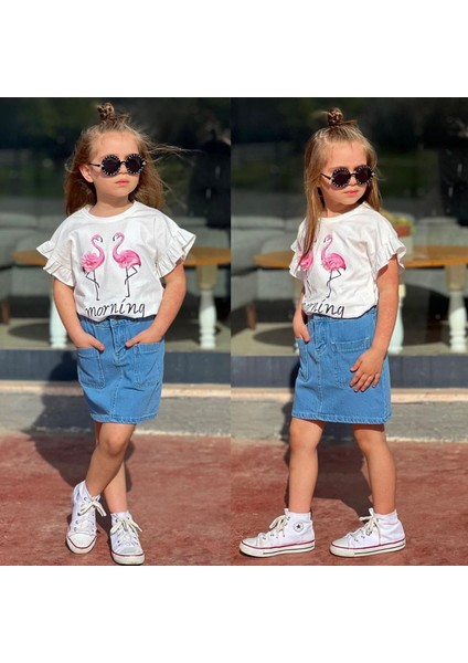 Flamingo baskılı Süprem Kot Etekli Kız çocuk takım - Ekru
