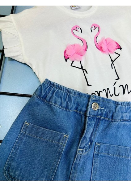 Flamingo baskılı Süprem Kot Etekli Kız çocuk takım - Ekru fırsatları