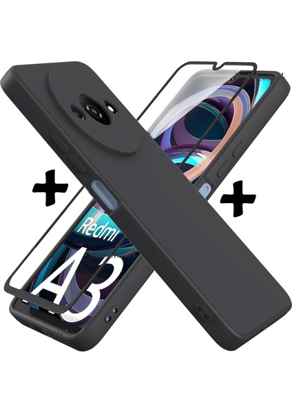 Xiaomi Redmi A3 Kılıf Kamera Korumalı Yumuşak Mat Silikon + 9h Ekran Koruyucu Cam 2'li Set / Poco C61 Uyumlu