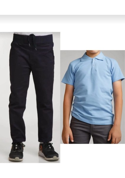 Unisex Çocuk Ribana Bel Siyah Okul Pantolon +Kısa Kol Pamuk Polo Yaka T-Shırt