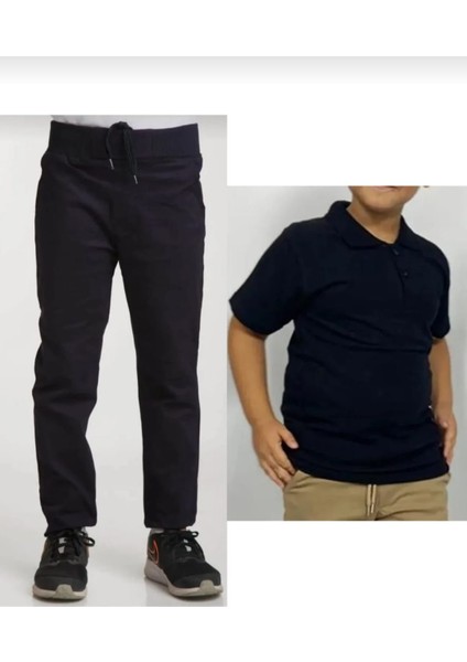 Unisex Çocuk Ribana Bel Siyah Okul Pantolon +Kısa Kol Pamuk Polo Yaka T-Shırt