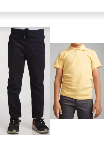 Unisex Çocuk Ribana Bel Siyah Okul Pantolon +Kısa Kol Pamuk Polo Yaka T-Shırt