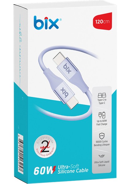 BXSC1CC 60W Type-C To Type-C Silikon Şarj ve Data Kablosu 1.2 Metre