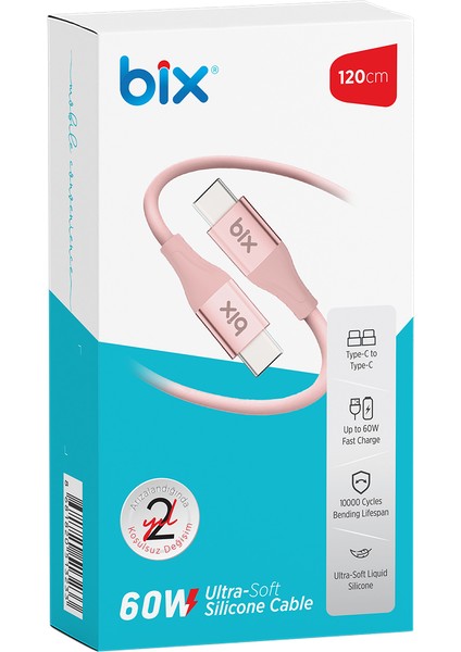 BXSC1CC 60W Type-C To Type-C Silikon Şarj ve Data Kablosu 1.2 Metre