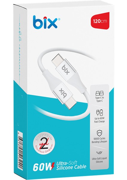 BXSC1CC 60W Type-C To Type-C Silikon Şarj ve Data Kablosu 1.2 Metre