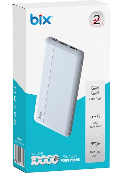 BXPB108 10000mAh Çift USB Çıkışlı ve LED Bildirimli Portatif Powerbank Beyaz