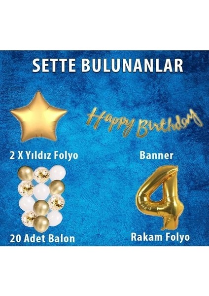 Papatya Süs Evi Gold Konsept 4 Yaş Doğum Günü Kutlama Seti; Beyaz Gold Konfetili Balon, Rakam Yıldız Folyo ve Banner