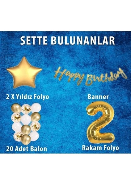 Papatya Süs Evi Gold Konsept 2 Yaş Doğum Günü Kutlama Seti; Beyaz Gold Konfetili Balon, Rakam Yıldız Folyo ve Banner