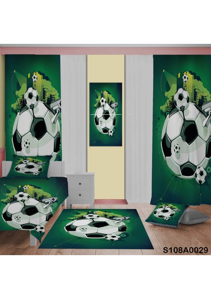 Futboldesenli Yatak Örtüsü, Perde Çift Taraf, Yastık, Kırlent, Halı ve Tablo