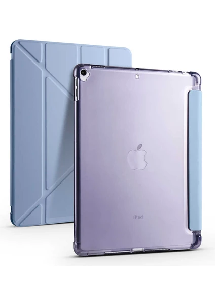 Apple iPad 10.2 8.nesil Kılıf Yatay ve Dikey Standlı Uyku Modlu Kalemlikli Trifold Arkası Soft Silikon Smart Kılıf (Model A2270,A2428,A2429,A2430)