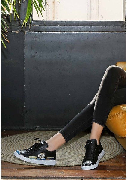 Kadın Vegan Deri Siyah Sneakers - The Wise Owl Tasarım