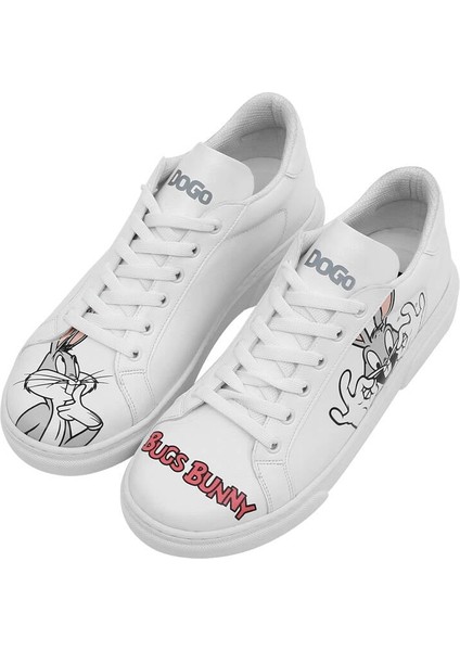 Kadın Vegan Deri Beyaz Sneakers - What's Up Doc? Bugs Bunny Tasarım