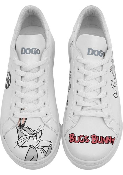 Kadın Vegan Deri Beyaz Sneakers - What's Up Doc? Bugs Bunny Tasarım