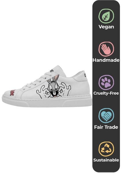 Kadın Vegan Deri Beyaz Sneakers - What's Up Doc? Bugs Bunny Tasarım