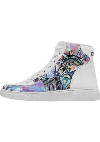 Kadın Vegan Deri Beyaz High Sneakers - New York State of Mind Tasarım