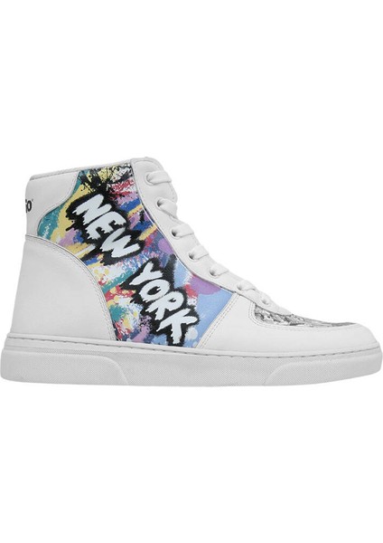 Kadın Vegan Deri Beyaz High Sneakers - New York State of Mind Tasarım