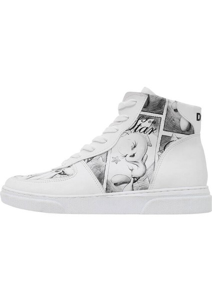Kadın Vegan Deri Beyaz High Sneakers - Warner Bros Tweety Sketch Tasarım fiyatları