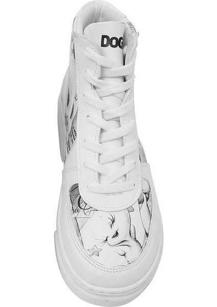 Kadın Vegan Deri Beyaz High Sneakers - Warner Bros Tweety Sketch Tasarım