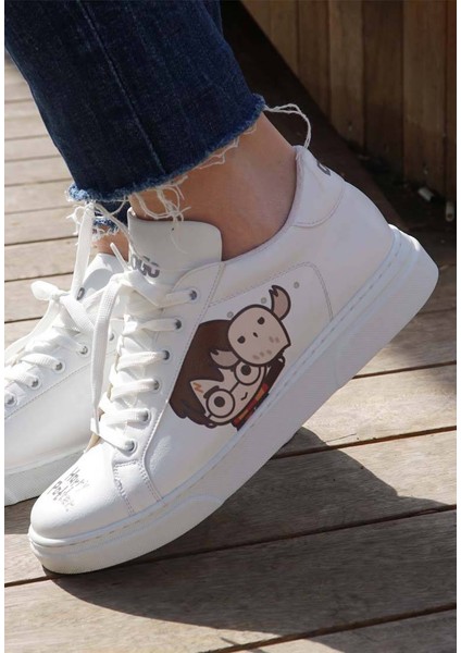 Kadın Vegan Deri Beyaz Sneakers - Friends Till Eternity Harry Potter Tasarım