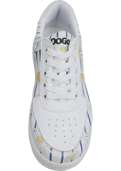 Kadın Vegan Deri Beyaz Sneakers - Daisy Stripes Tasarım