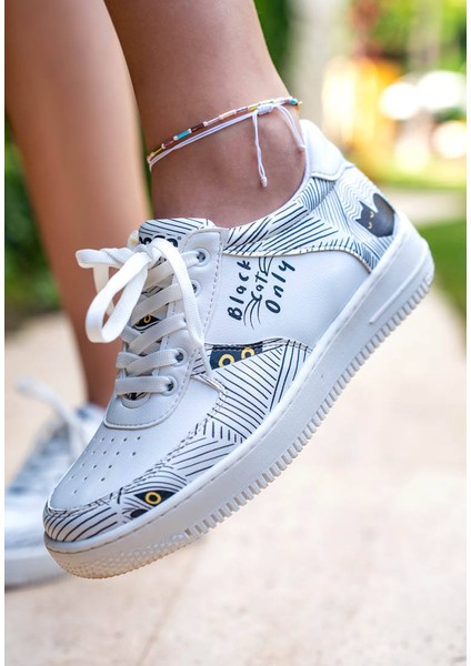 Kadın Vegan Deri Beyaz Sneakers - Black Cats Only Tasarım