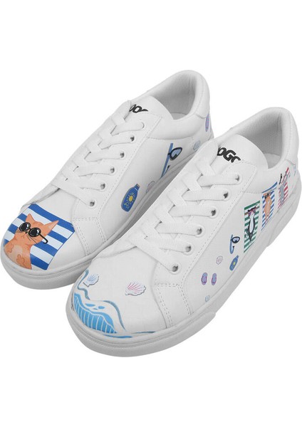 Kadın Vegan Deri Beyaz Sneakers - Cats on the Beach Tasarım indirimleri