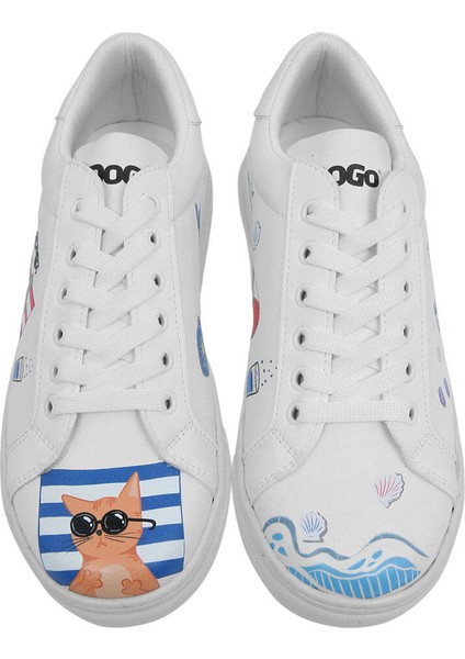 Kadın Vegan Deri Beyaz Sneakers - Cats on the Beach Tasarım