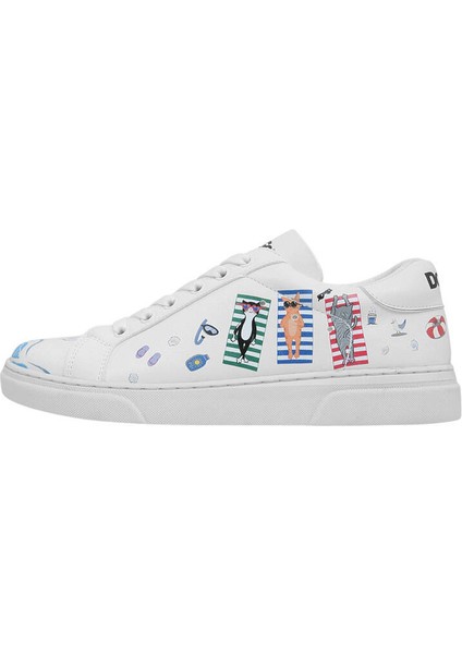 Kadın Vegan Deri Beyaz Sneakers - Cats on the Beach Tasarım