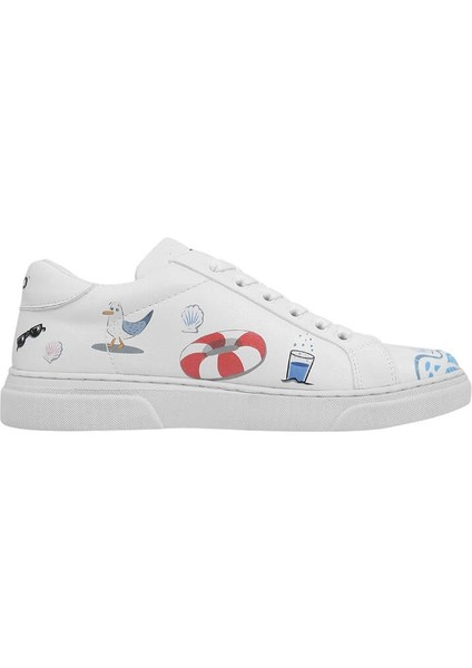 Kadın Vegan Deri Beyaz Sneakers - Cats on the Beach Tasarım