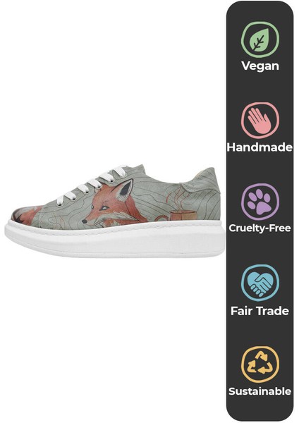 Kadın Vegan Deri Bej Sneakers - Run Little Fox Tasarım