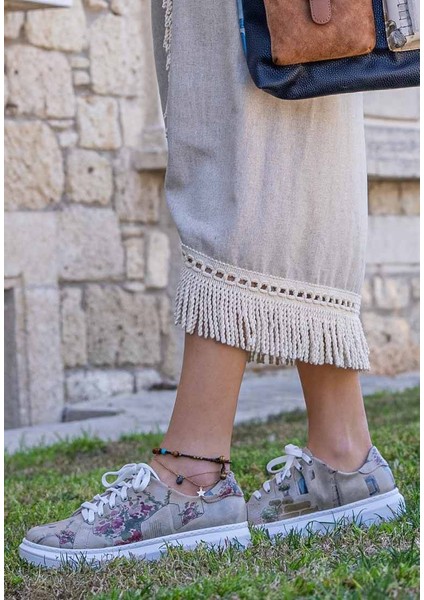 Kadın Vegan Deri Bej Sneakers - Paperflower Tasarım