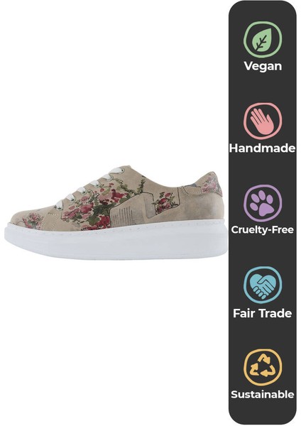 Kadın Vegan Deri Bej Sneakers - Paperflower Tasarım indirimleri