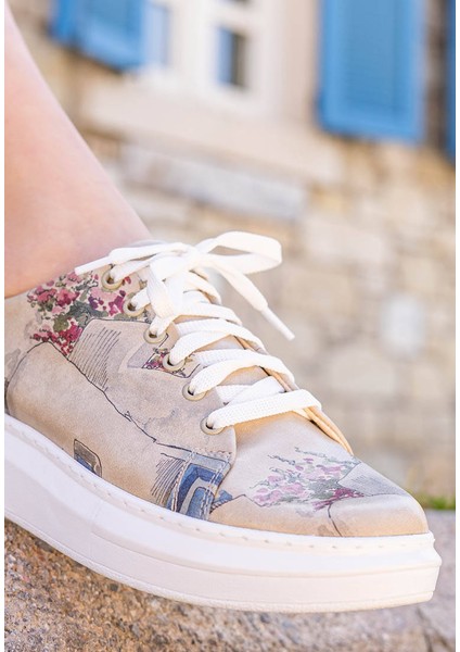 Kadın Vegan Deri Bej Sneakers - Paperflower Tasarım