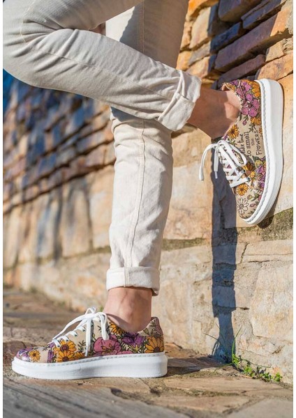 Kadın Vegan Deri Çok Renkli Günlük Sneakers - Smell The Flowers Tasarım