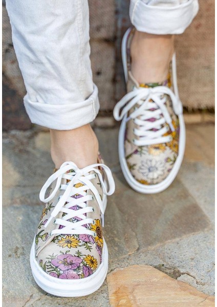 Kadın Vegan Deri Çok Renkli Günlük Sneakers - Smell The Flowers Tasarım