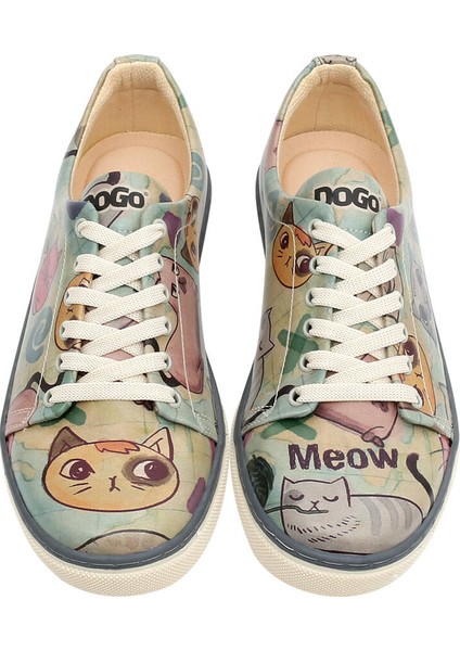 Kadın Vegan Deri Yeşil Sneakers - Cats of the World Tasarım