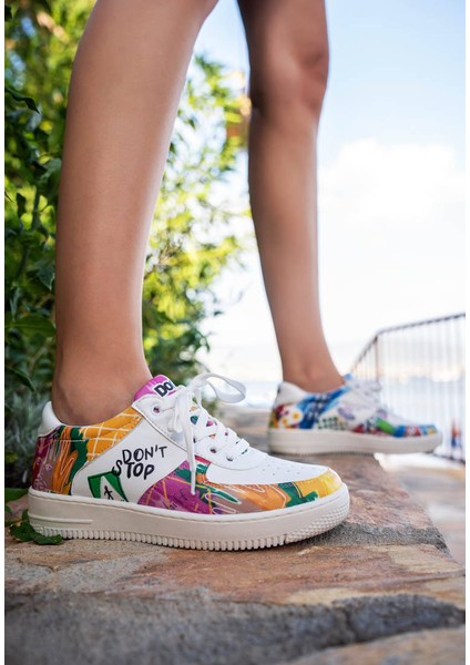 Kadın Vegan Deri Beyaz Sneakers - No More Drama Tasarım