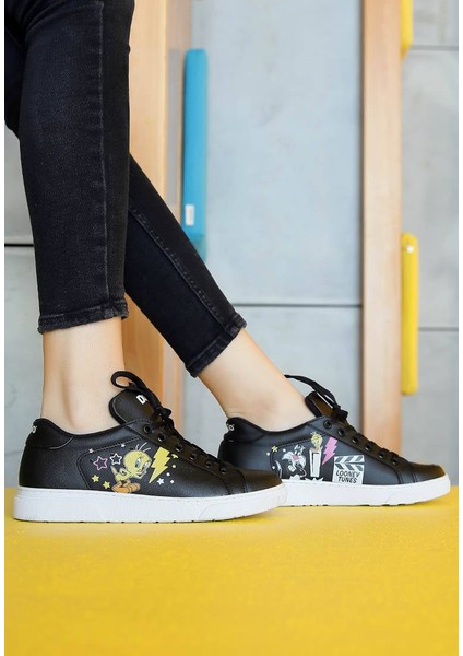 Kadın Vegan Deri Siyah Sneakers - Warner Bros Best of Tweety and Sylvester Tasarım