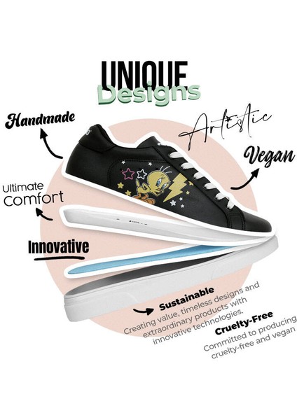 Kadın Vegan Deri Siyah Sneakers - Warner Bros Best of Tweety and Sylvester Tasarım