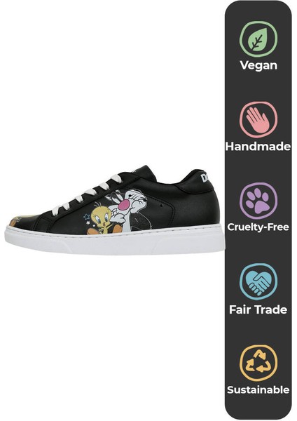 Kadın Vegan Deri Siyah Sneakers - Warner Bros Best of Tweety and Sylvester Tasarım