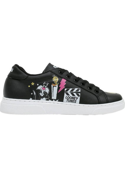 Kadın Vegan Deri Siyah Sneakers - Warner Bros Best of Tweety and Sylvester Tasarım