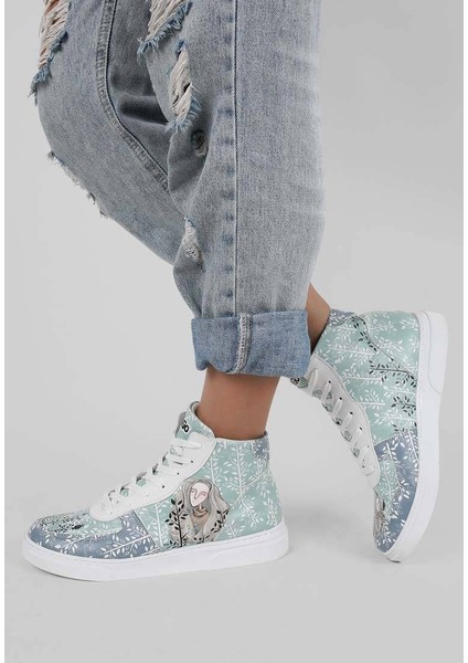 Kadın Vegan Deri Beyaz High Sneakers - I wish to be free as a bird Tasarım