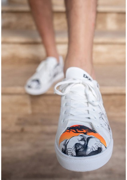 Erkek Vegan Deri Beyaz Sneakers - Sunset Animals Tasarım