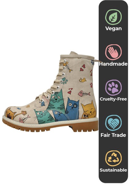 Kadın Vegan Deri Bej Uzun Bot - Cat Lovers Tasarım