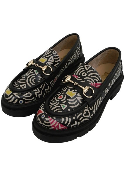 Kadın Vegan Deri Çok Renkli Loafer - Abstract Outline Tasarım