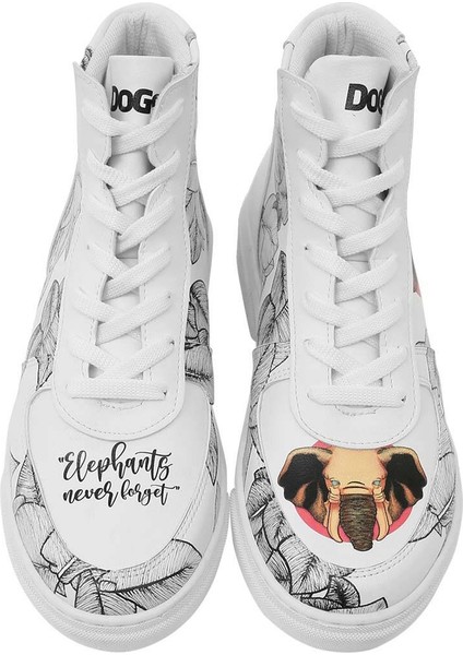 Kadın Vegan Deri Beyaz High Sneakers - Elephants Never Forget Tasarım