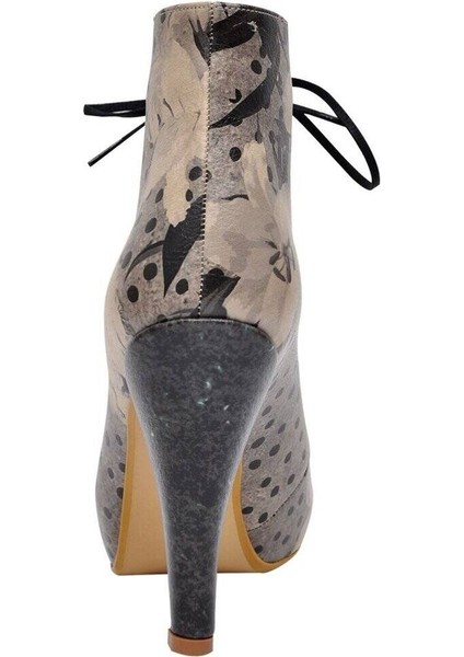 Kadın Vegan Deri Gri Topuklu Bootie - Black Dress Tasarım